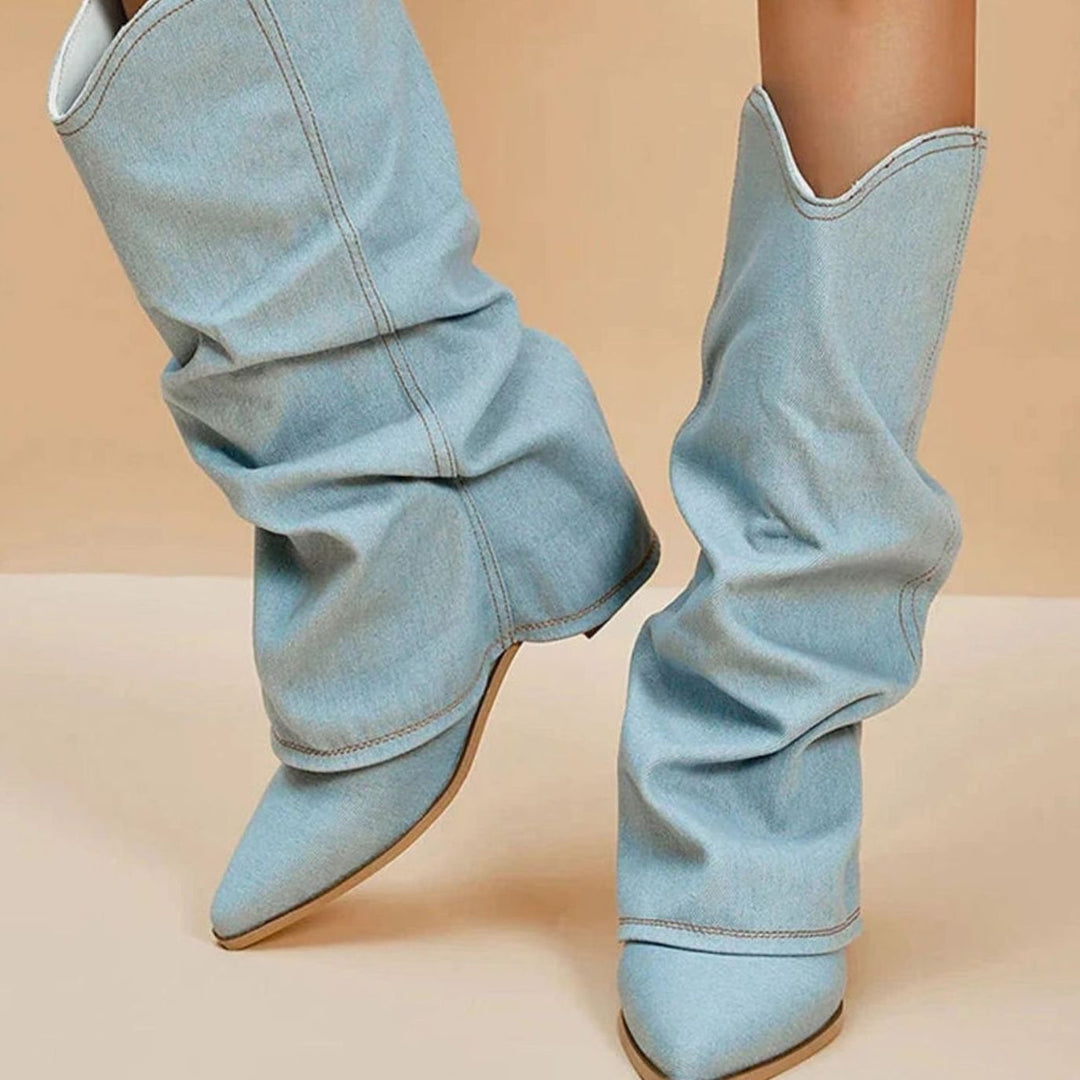 Dames Denim Western Laarzen met Lage Blokhak Cowboystijl