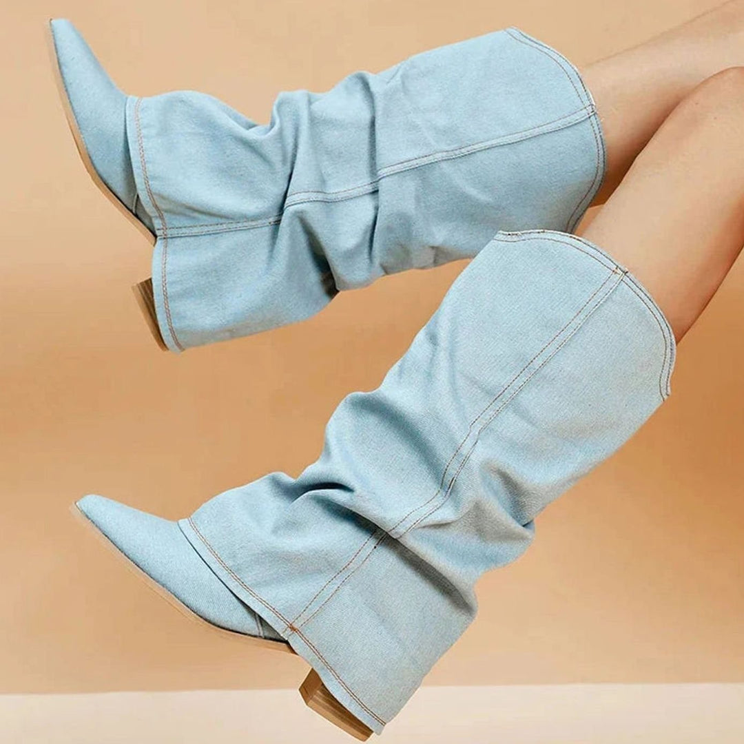Dames Denim Western Laarzen met Lage Blokhak Cowboystijl