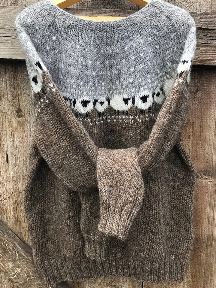 Dames Dikke Gebreide Trui Schapenpatroon Jacquard Pullover - Gray
