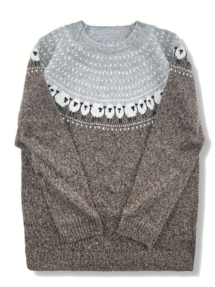 Dames Dikke Gebreide Trui Schapenpatroon Jacquard Pullover