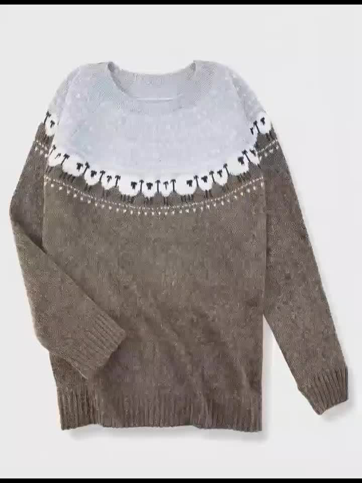 Dames Dikke Gebreide Trui Schapenpatroon Jacquard Pullover