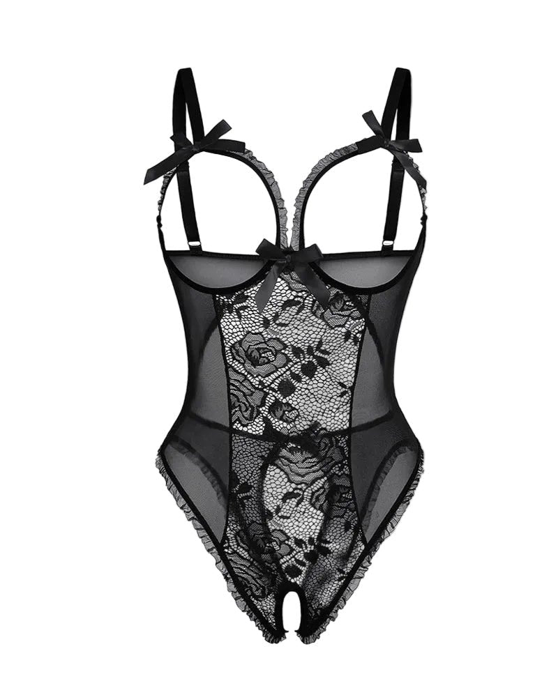 Dames Doorschijnende Mesh Bodysuit Mouwloos Open Design - Black