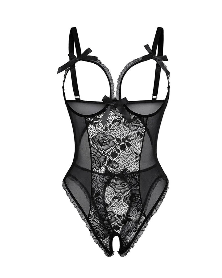 Dames Doorschijnende Mesh Bodysuit Mouwloos Open Design - Black