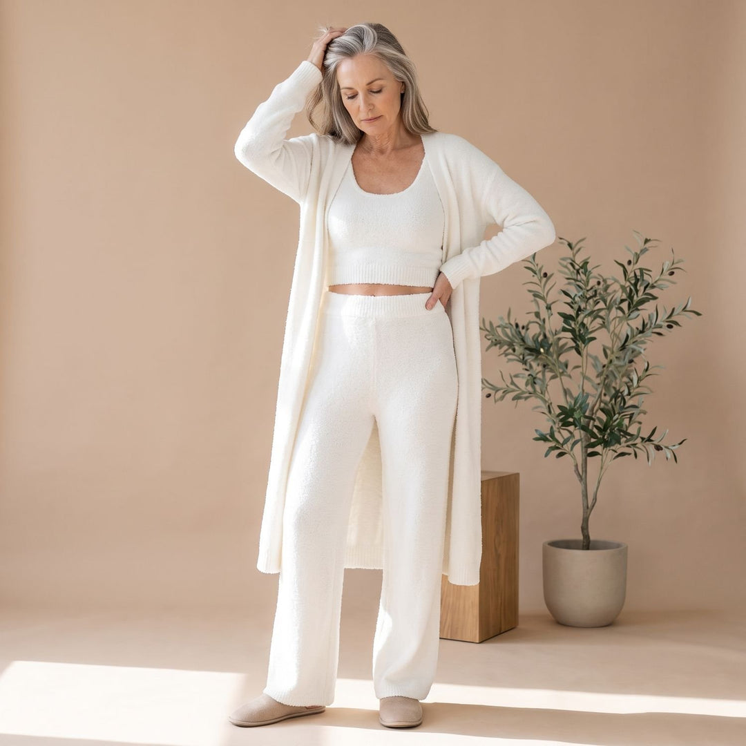 Dames Driedelig Fluffy Knit Loungewear Set Cropped Top - Wit
