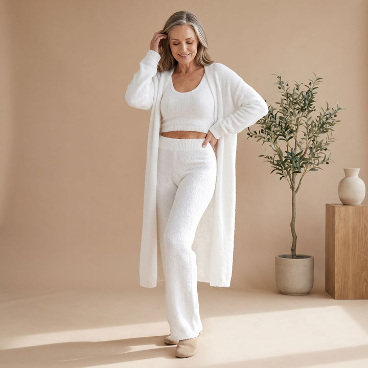 Dames Driedelig Fluffy Knit Loungewear Set Cropped Top