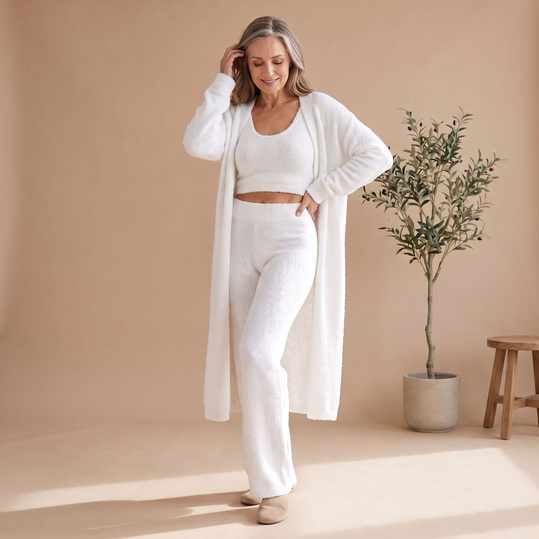 Dames Driedelig Fluffy Knit Loungewear Set Cropped Top