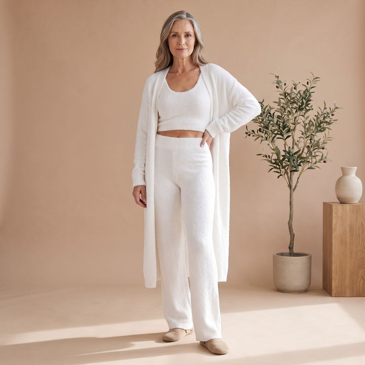 Dames Driedelig Fluffy Knit Loungewear Set Cropped Top