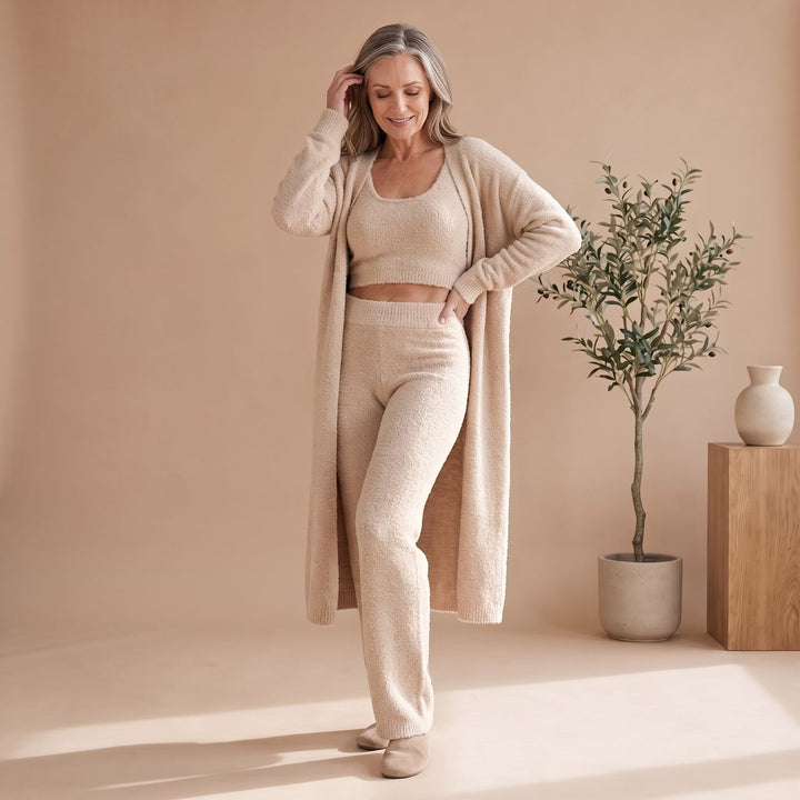 Dames Driedelig Fluffy Knit Loungewear Set Cropped Top - Camel
