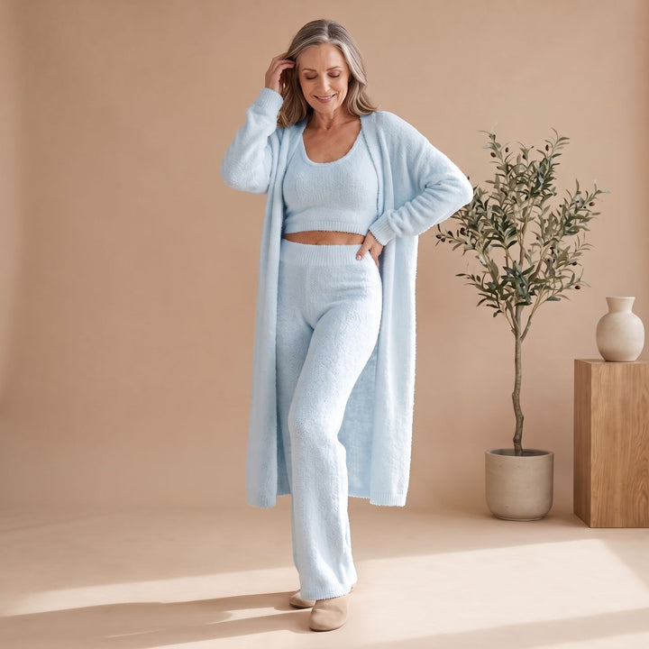 Dames Driedelig Fluffy Knit Loungewear Set Cropped Top - Blauw