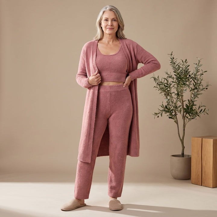 Dames Driedelig Fluffy Knit Loungewear Set Cropped Top - Roze
