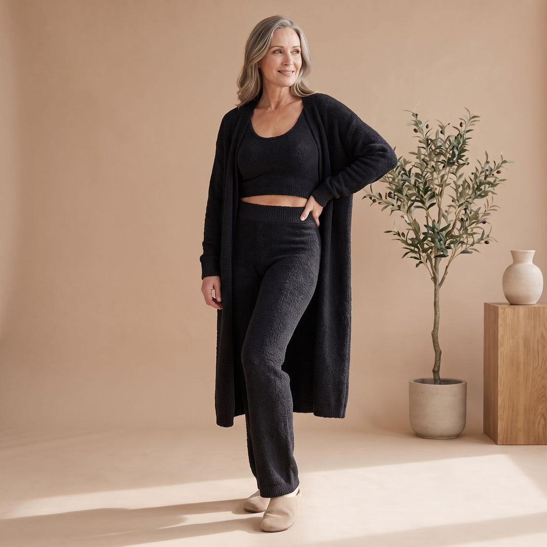 Dames Driedelig Fluffy Knit Loungewear Set Cropped Top - Zwart