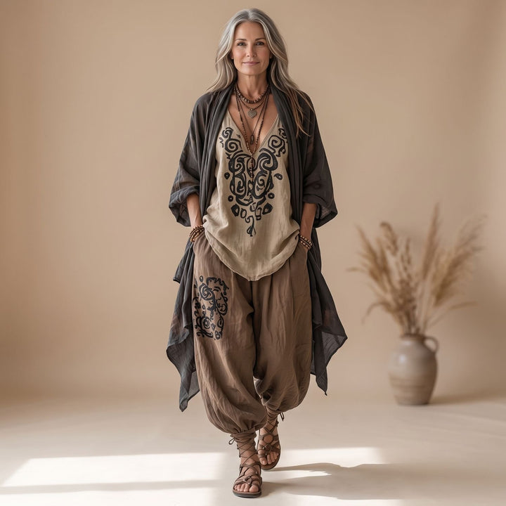 Dames Driedelige Boho Linnen Broekset met Kimono en Print - Bruin