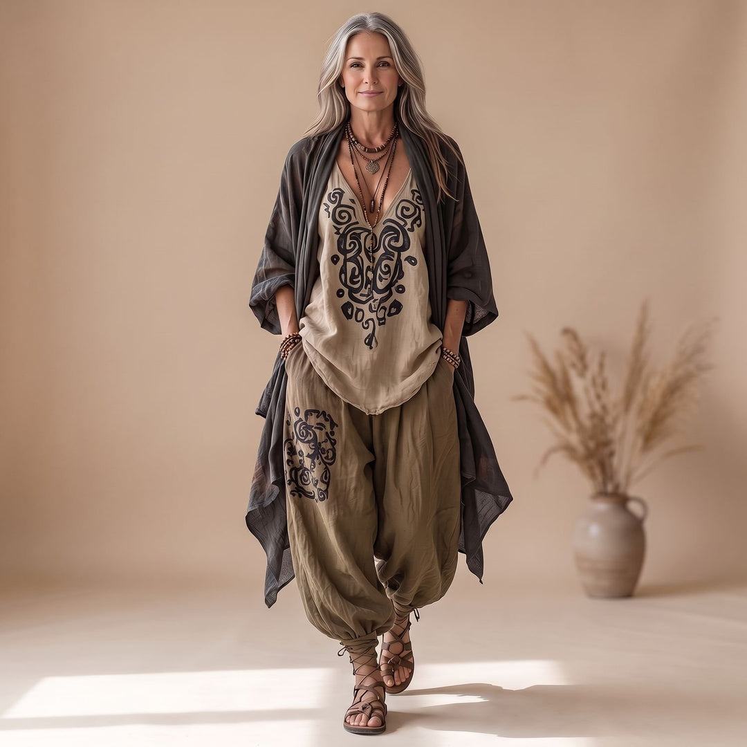 Dames Driedelige Boho Linnen Broekset met Kimono en Print - Groen
