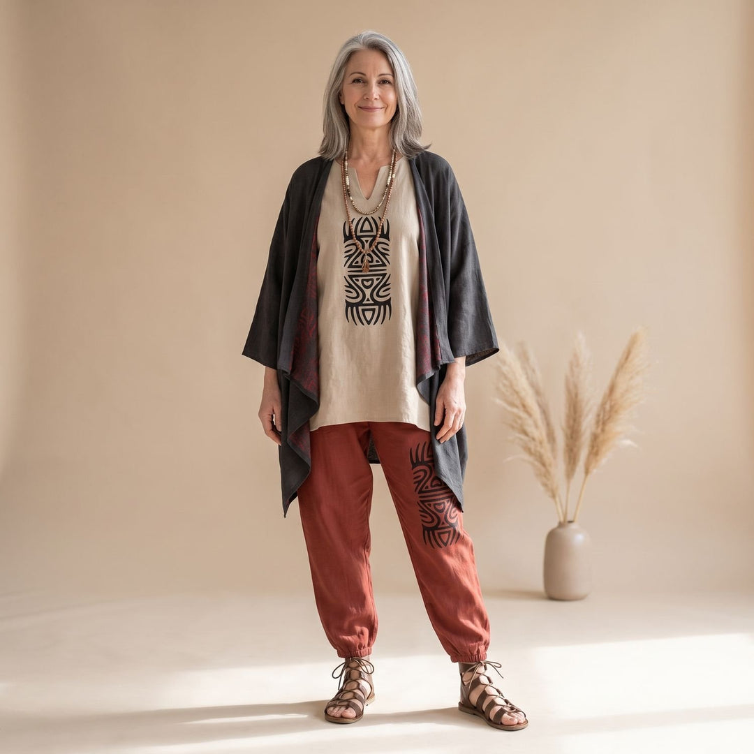 Dames Driedelige Boho Linnen Broekset met Kimono en Print - Rood
