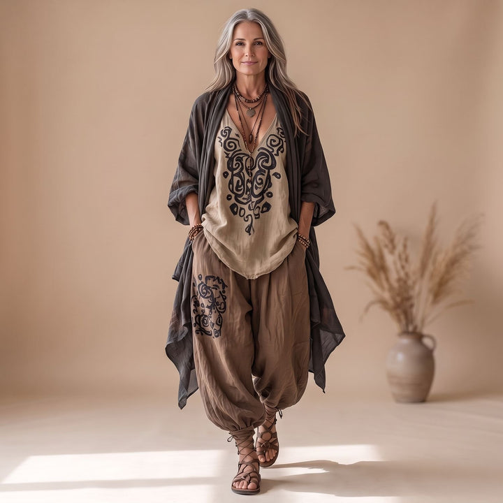 Dames Driedelige Boho Linnen Broekset met Kimono en Print