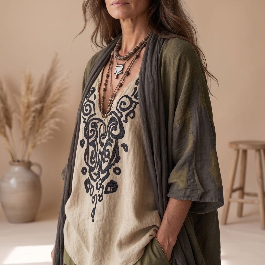 Dames Driedelige Boho Linnen Broekset met Kimono en Print