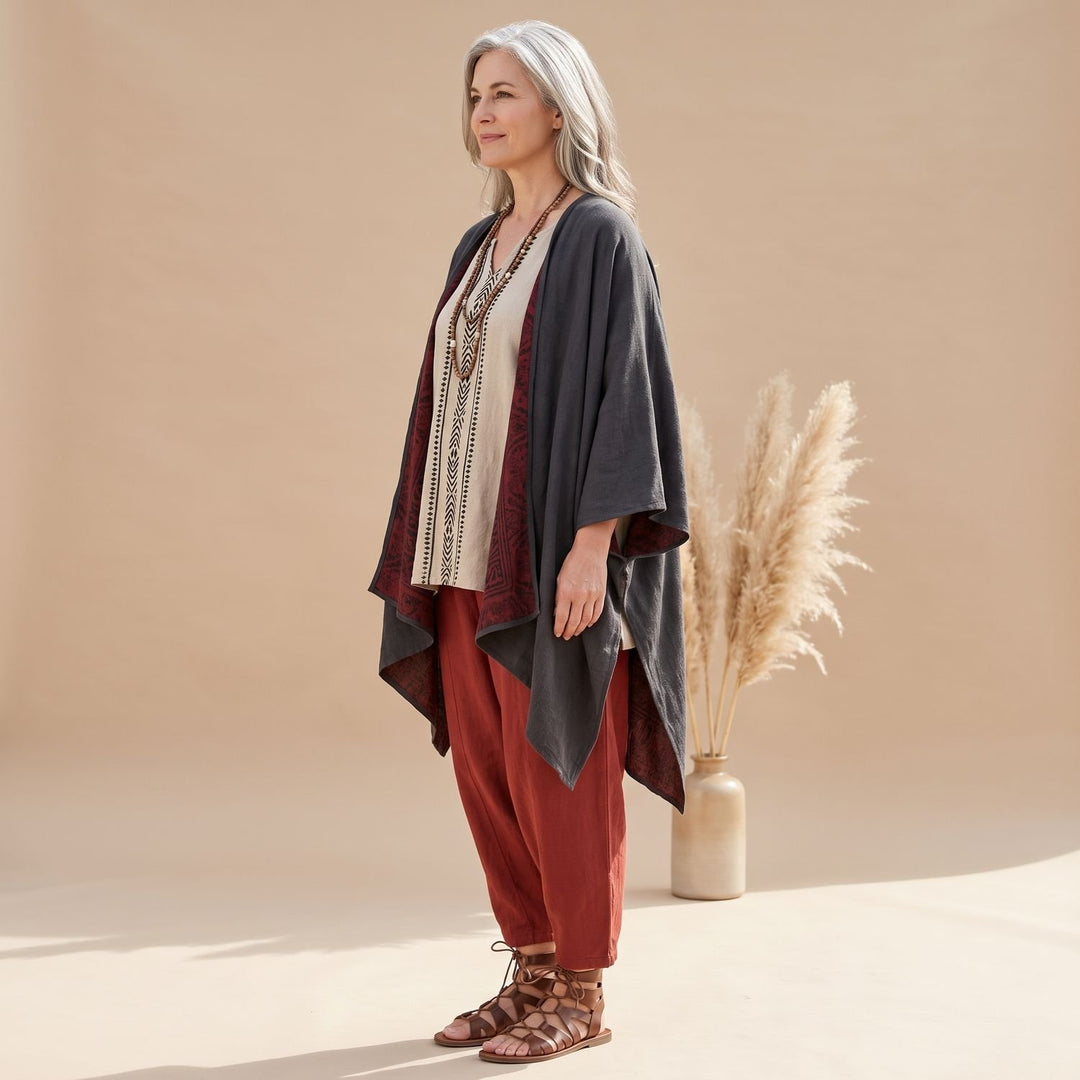 Dames Driedelige Boho Linnen Broekset met Kimono en Print