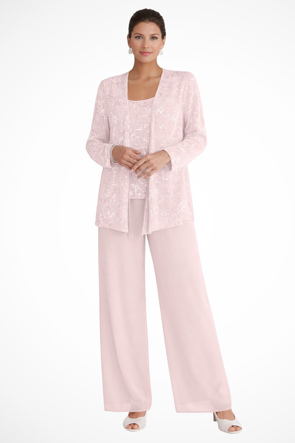 Dames Driedelige Wijde Pijpen Pailletten Broekpak - Light Pink