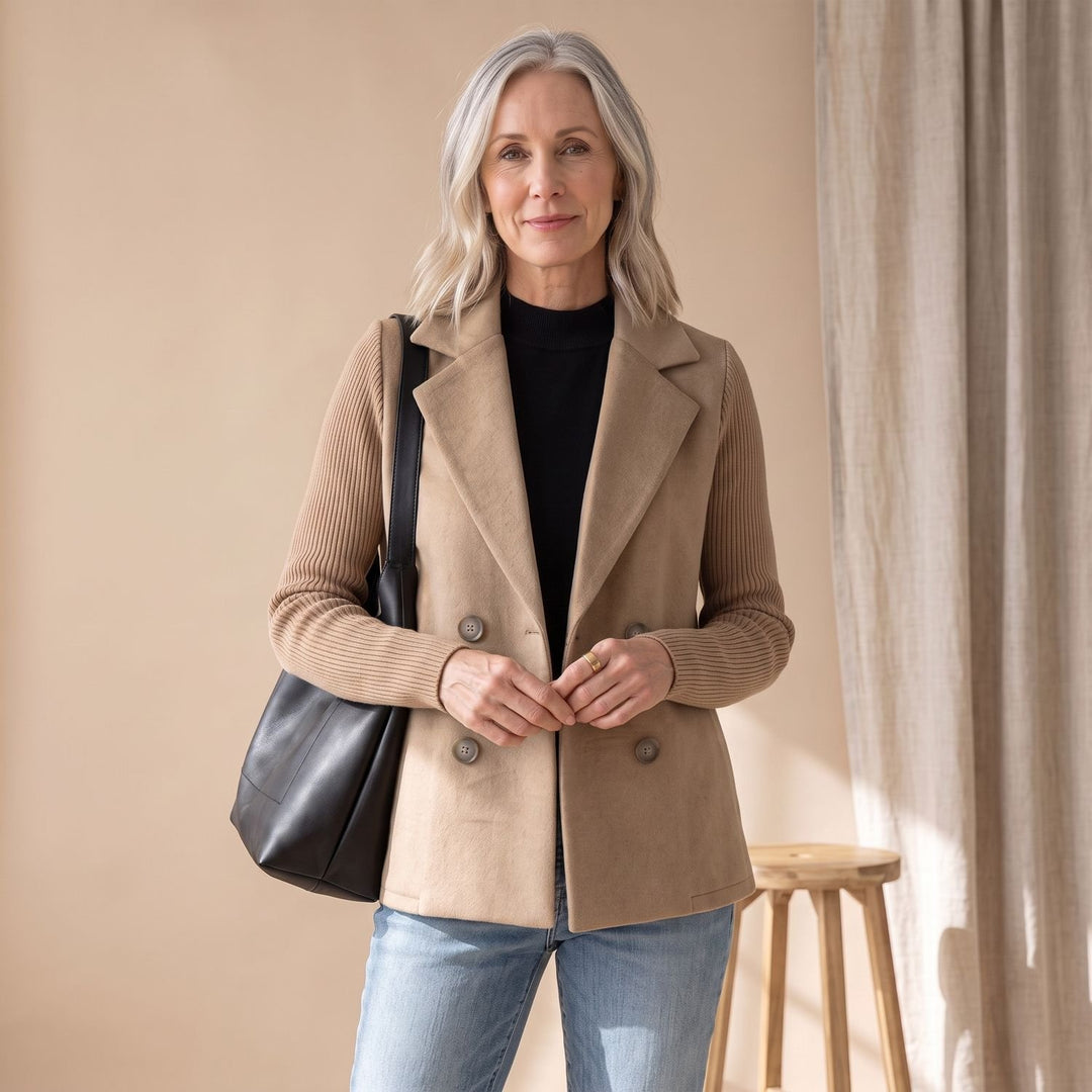 Dames Dubbele Knoop Blazer met Gebreide Mouwen - Khaki