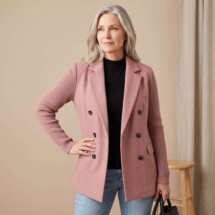 Dames Dubbele Knoop Blazer met Gebreide Mouwen - Roze