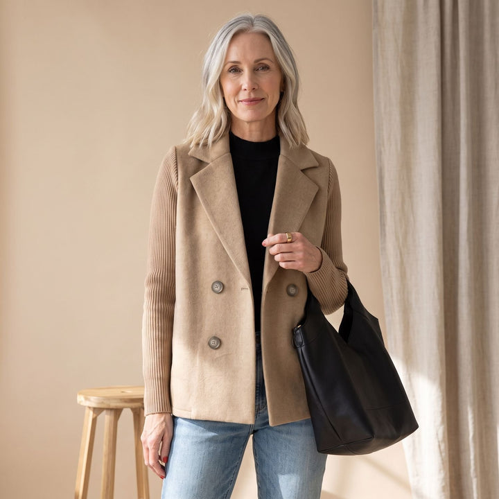 Dames Dubbele Knoop Blazer met Gebreide Mouwen - Beige
