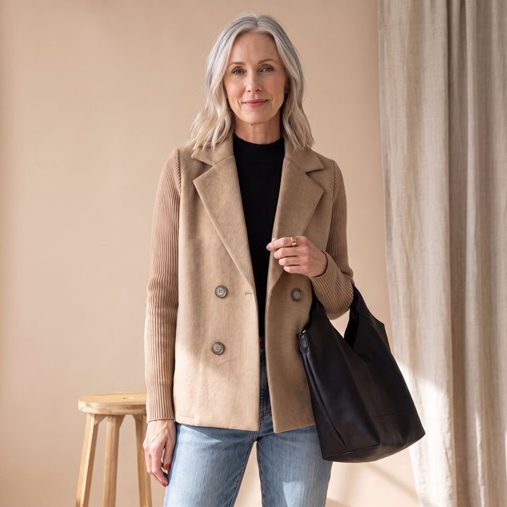 Dames Dubbele Knoop Blazer met Gebreide Mouwen