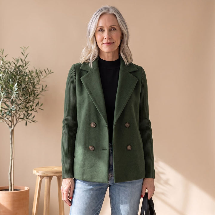 Dames Dubbele Knoop Blazer met Gebreide Mouwen - Groen