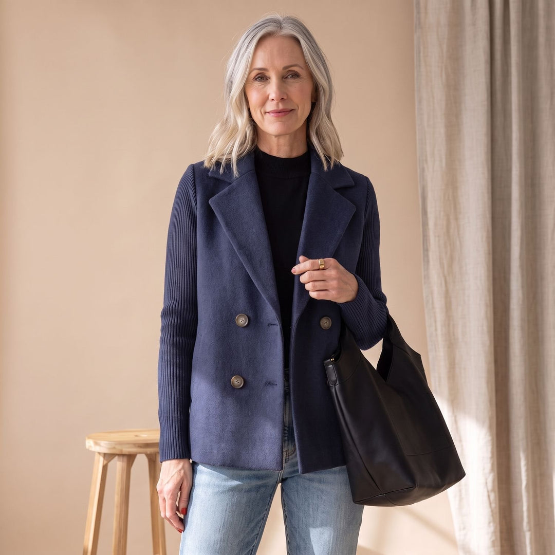Dames Dubbele Knoop Blazer met Gebreide Mouwen - Blauw
