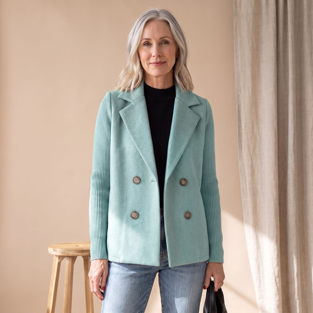 Dames Dubbele Knoop Blazer met Gebreide Mouwen - Lichtblauw