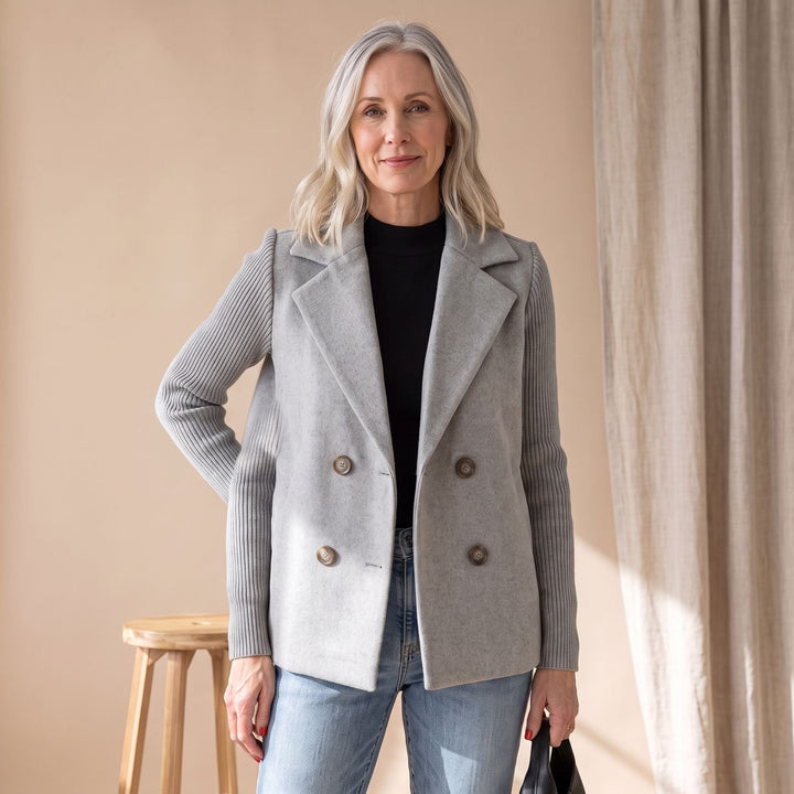 Dames Dubbele Knoop Blazer met Gebreide Mouwen - Grijs