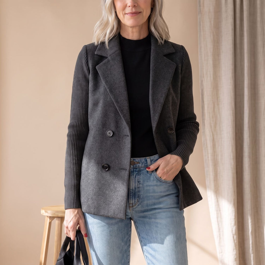Dames Dubbele Knoop Blazer met Gebreide Mouwen - Zwart