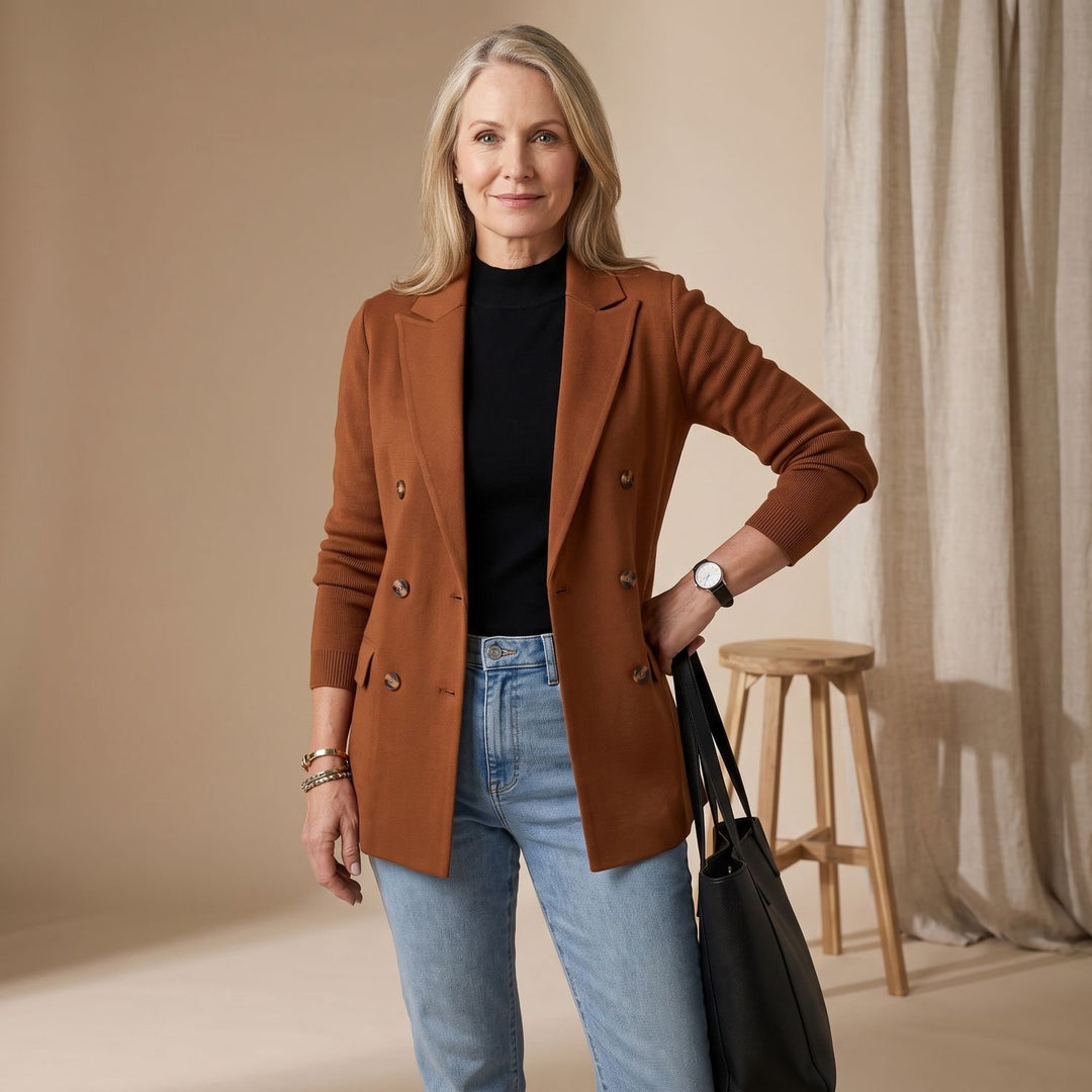 Dames Dubbele Knoop Blazer met Gebreide Mouwen - Bruin