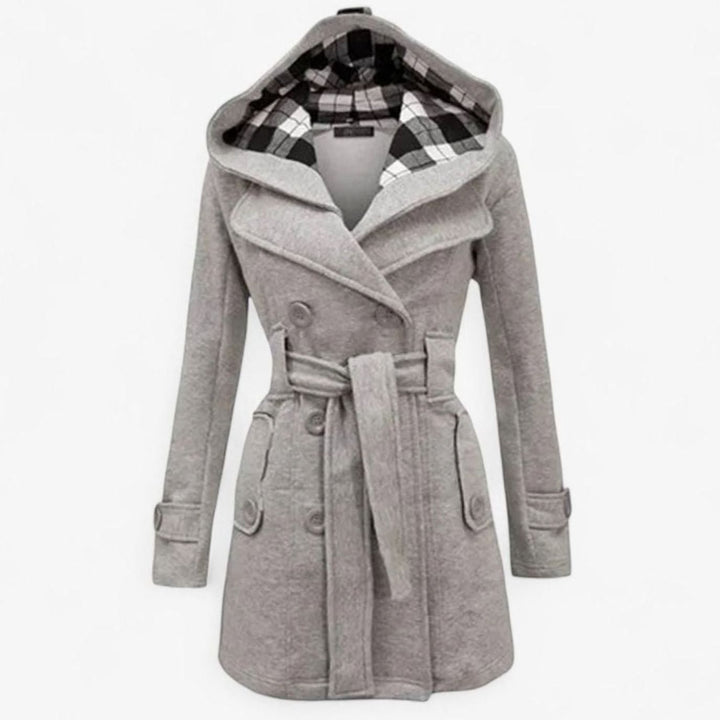 Dames Dubbele Knoop Trenchcoat met Capuchon en Ceintuur - Grijs