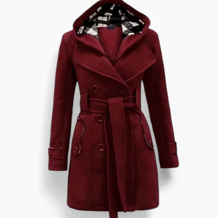 Dames Dubbele Knoop Trenchcoat met Capuchon en Ceintuur - Wijnrood