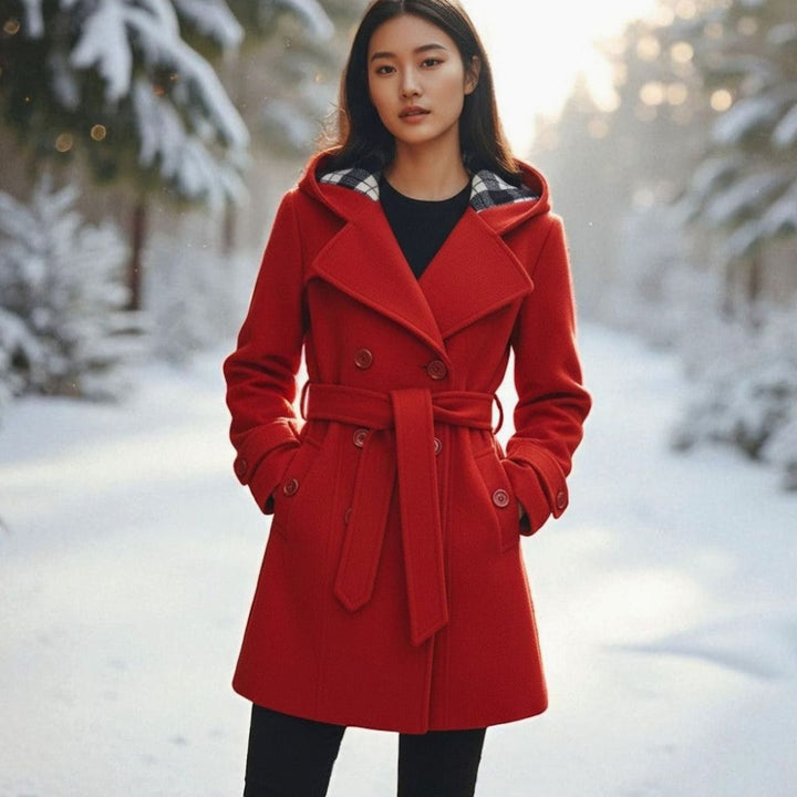 Dames Dubbele Knoop Trenchcoat met Capuchon en Ceintuur