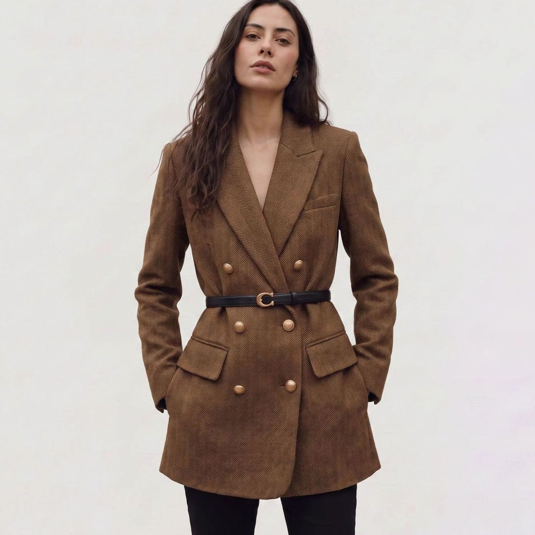 Dames Dubbelgeknoopte Herringbone Blazer met Ceintuur en Gouden Knopen - Bruin