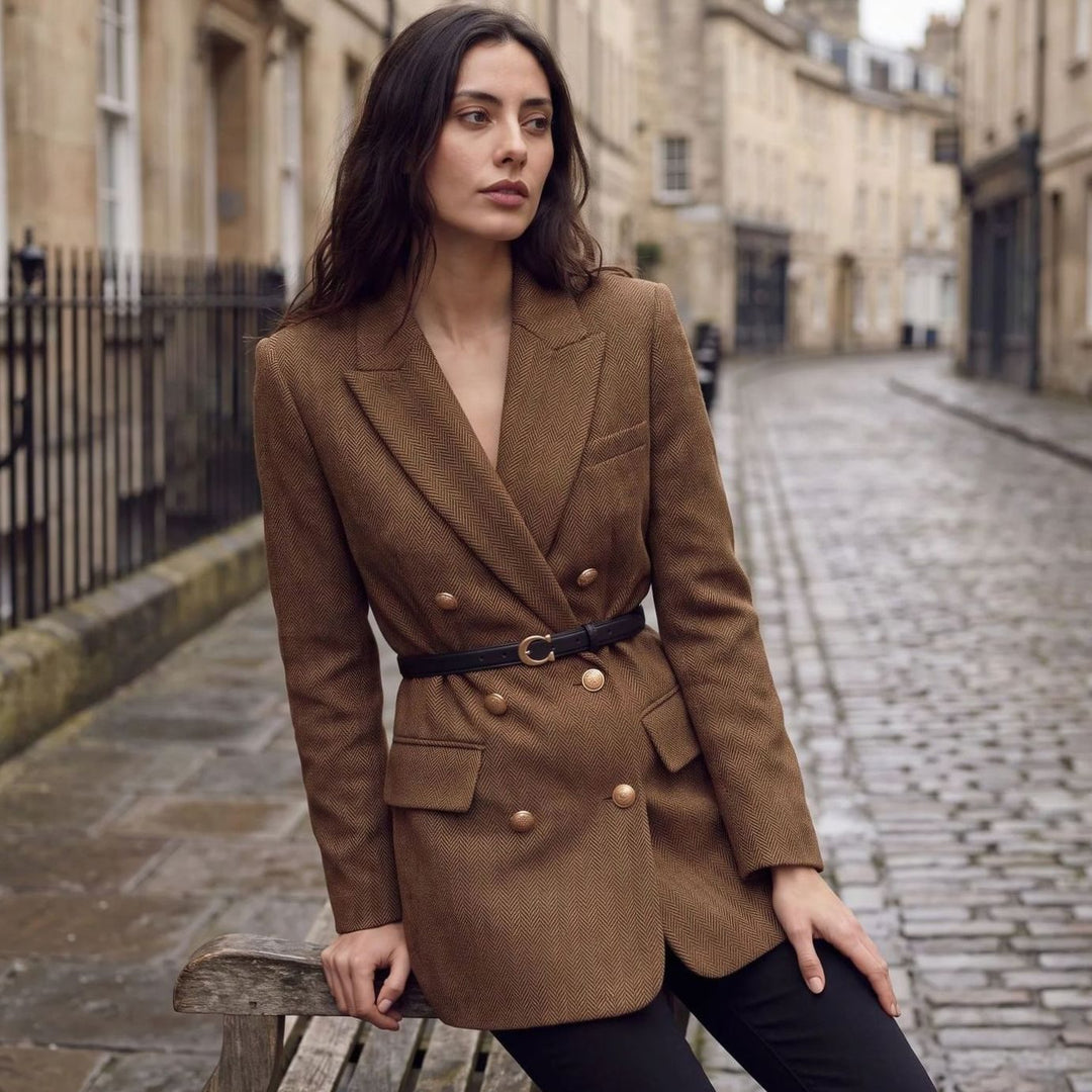 Dames Dubbelgeknoopte Herringbone Blazer met Ceintuur en Gouden Knopen