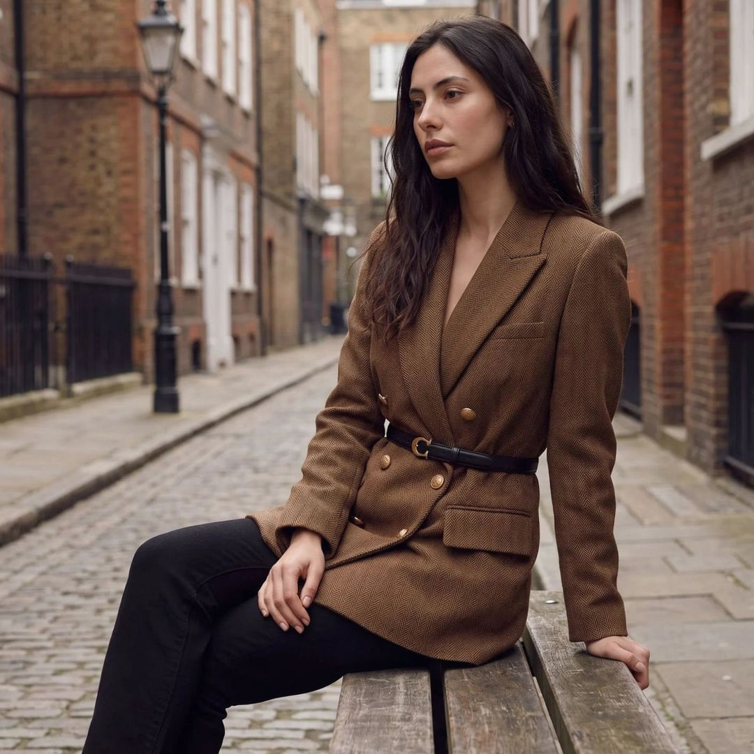Dames Dubbelgeknoopte Herringbone Blazer met Ceintuur en Gouden Knopen