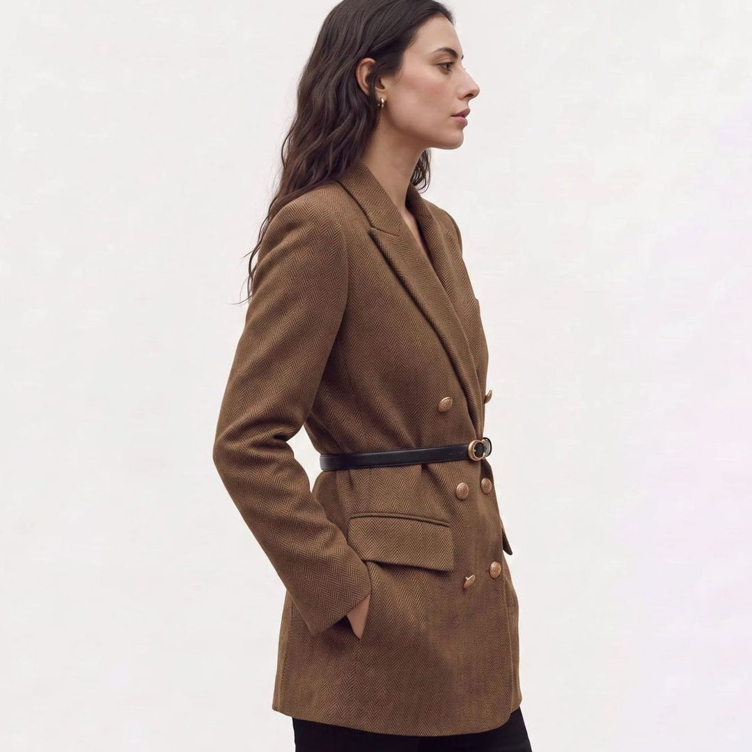 Dames Dubbelgeknoopte Herringbone Blazer met Ceintuur en Gouden Knopen
