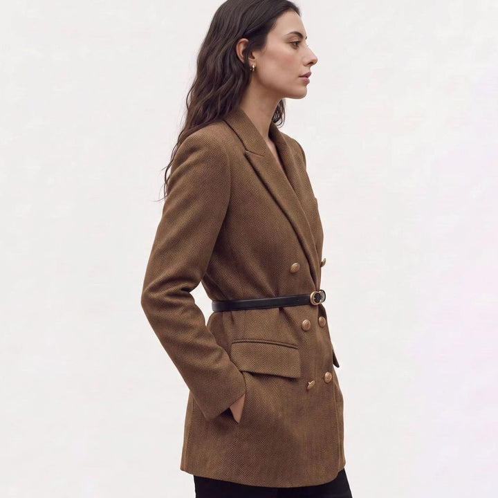 Dames Dubbelgeknoopte Herringbone Blazer met Ceintuur en Gouden Knopen