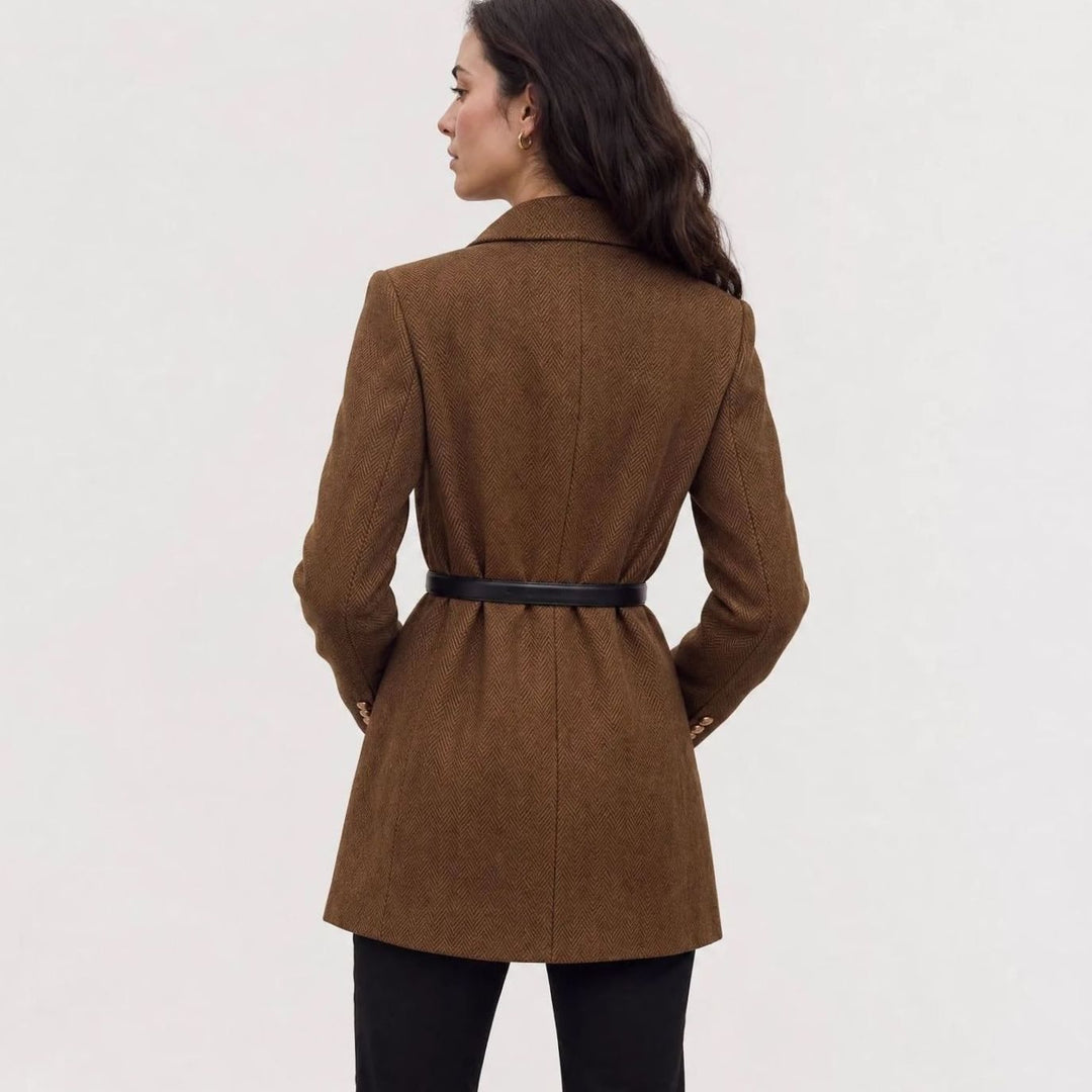 Dames Dubbelgeknoopte Herringbone Blazer met Ceintuur en Gouden Knopen