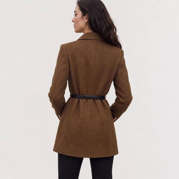 Dames Dubbelgeknoopte Herringbone Blazer met Ceintuur en Gouden Knopen