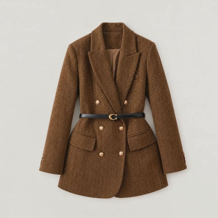 Dames Dubbelgeknoopte Herringbone Blazer met Ceintuur en Gouden Knopen