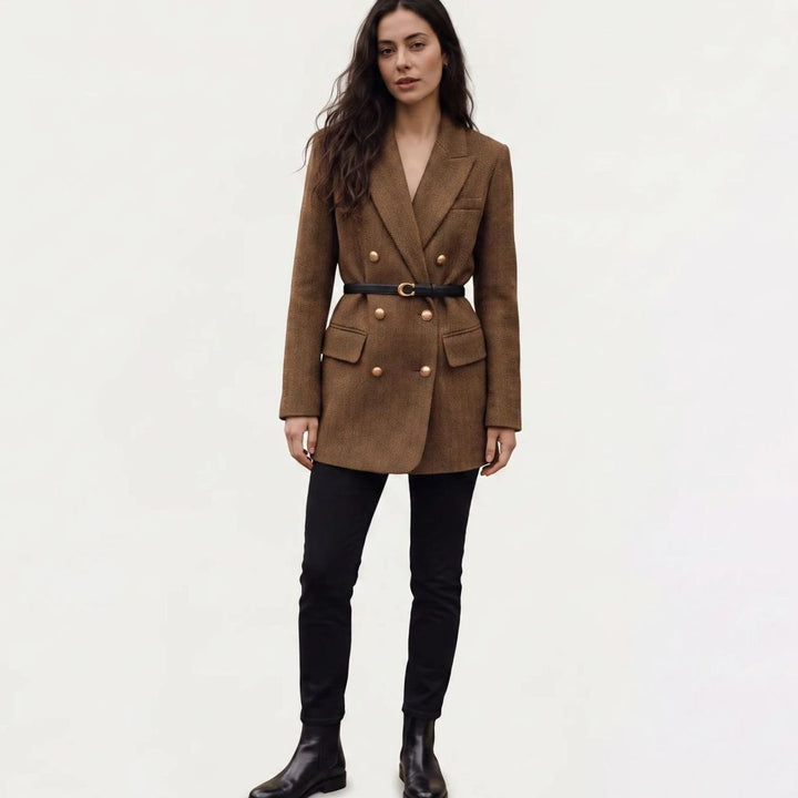 Dames Dubbelgeknoopte Herringbone Blazer met Ceintuur en Gouden Knopen