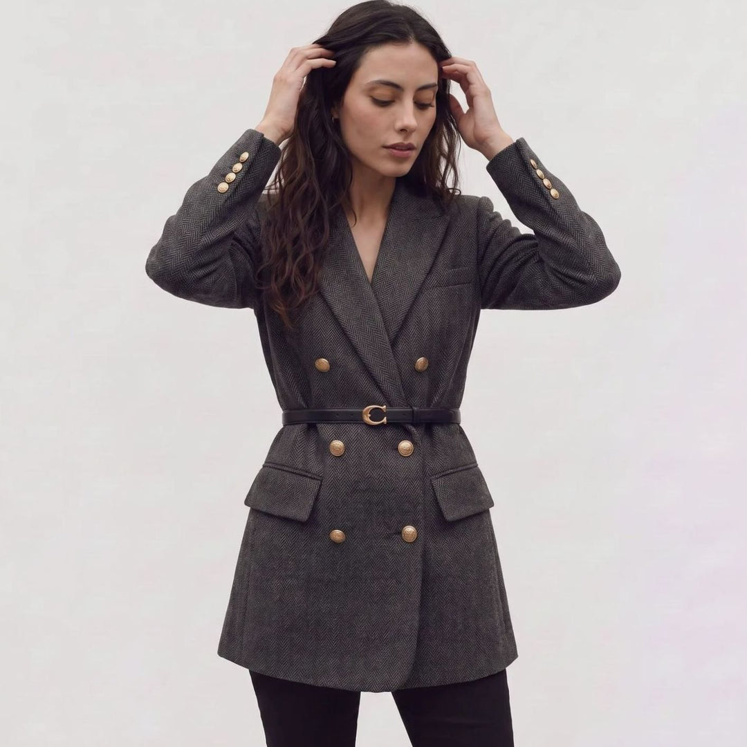 Dames Dubbelgeknoopte Herringbone Blazer met Ceintuur en Gouden Knopen - Grijs