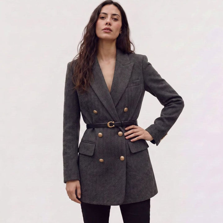 Dames Dubbelgeknoopte Herringbone Blazer met Ceintuur en Gouden Knopen