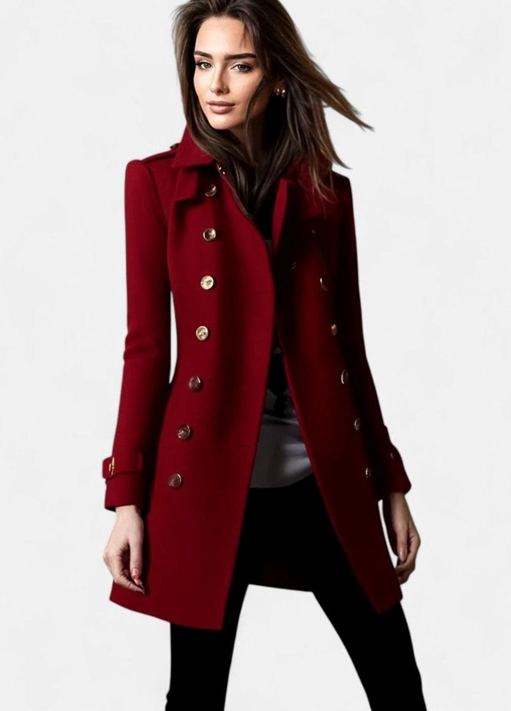 Dames Dubbelrijige Elegante Wollen Trenchcoat Gouden Knopen - Rood