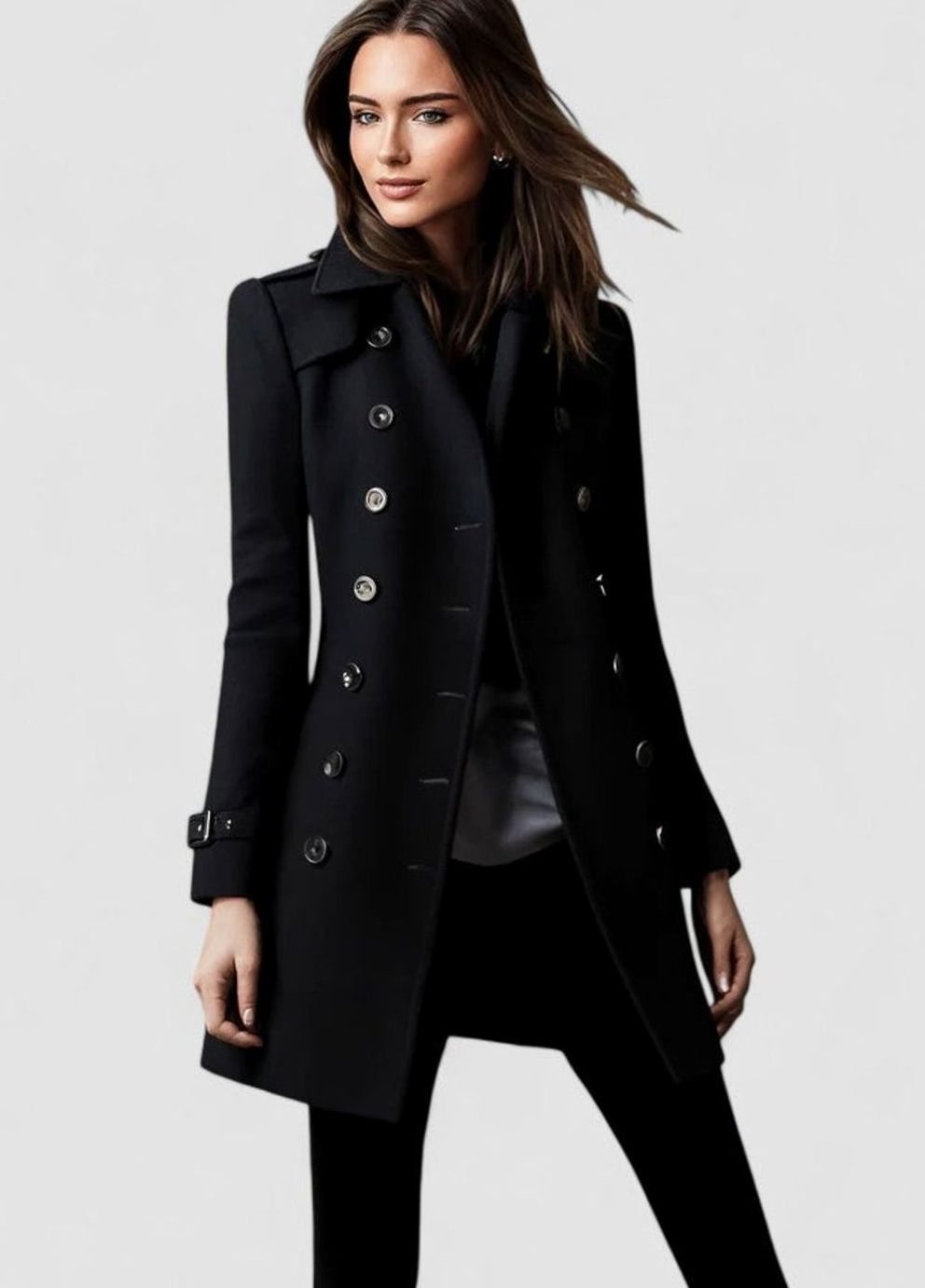 Dames Dubbelrijige Elegante Wollen Trenchcoat Gouden Knopen - Zwart