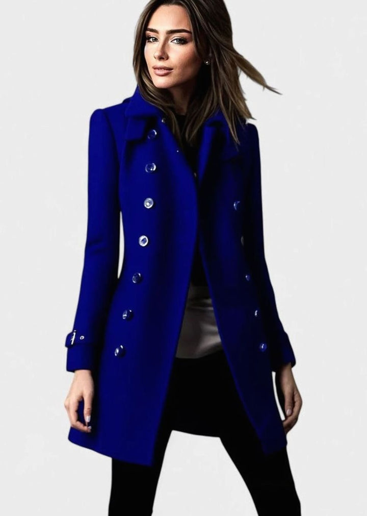 Dames Dubbelrijige Elegante Wollen Trenchcoat Gouden Knopen - Blauw