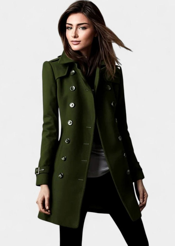 Dames Dubbelrijige Elegante Wollen Trenchcoat Gouden Knopen - Groen